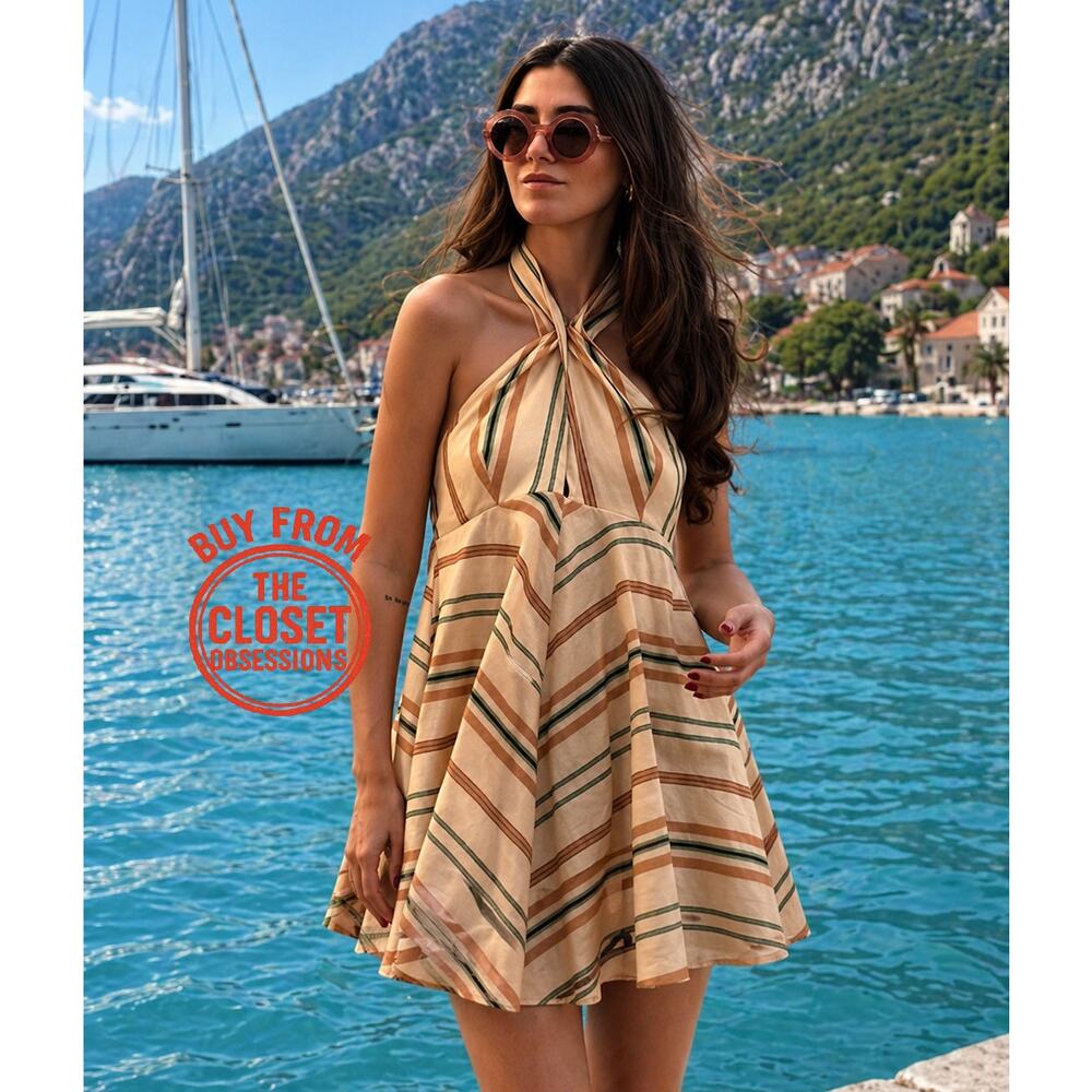 Zara Linen Blend Halter Mini Dress Striped Flowy A-Line Resort Vacation NWT